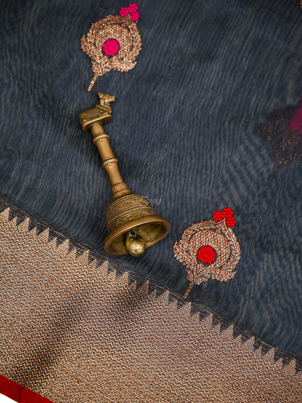 Navy Blue Booti Chanderi Silk Handloom Banarasi Saree - Sacred Weaves