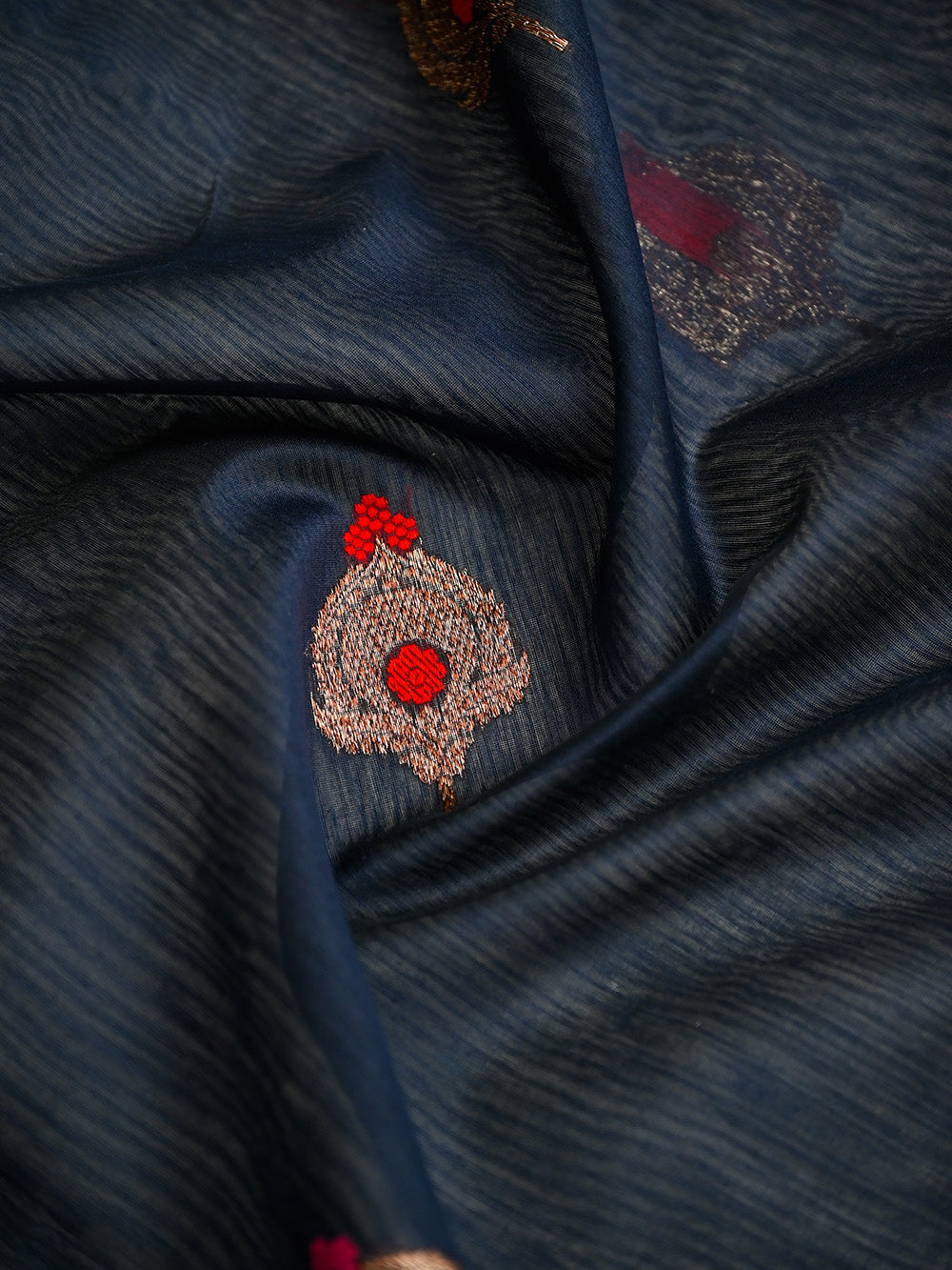 Navy Blue Booti Chanderi Silk Handloom Banarasi Saree - Sacred Weaves