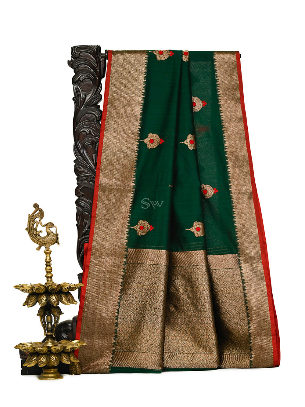 Bottle Green Booti Chanderi Silk Handloom Banarasi Saree - Sacred Weaves