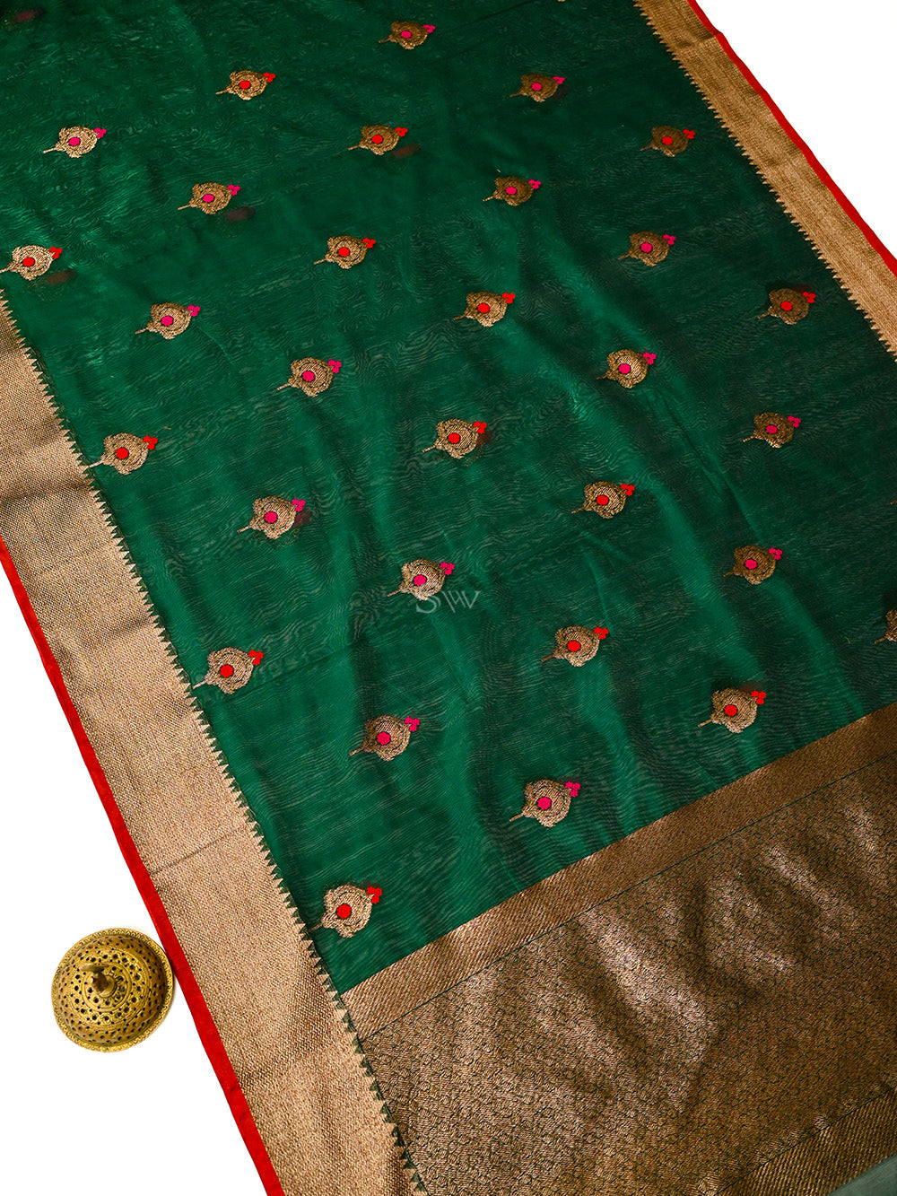 Bottle Green Booti Chanderi Silk Handloom Banarasi Saree - Sacred Weaves