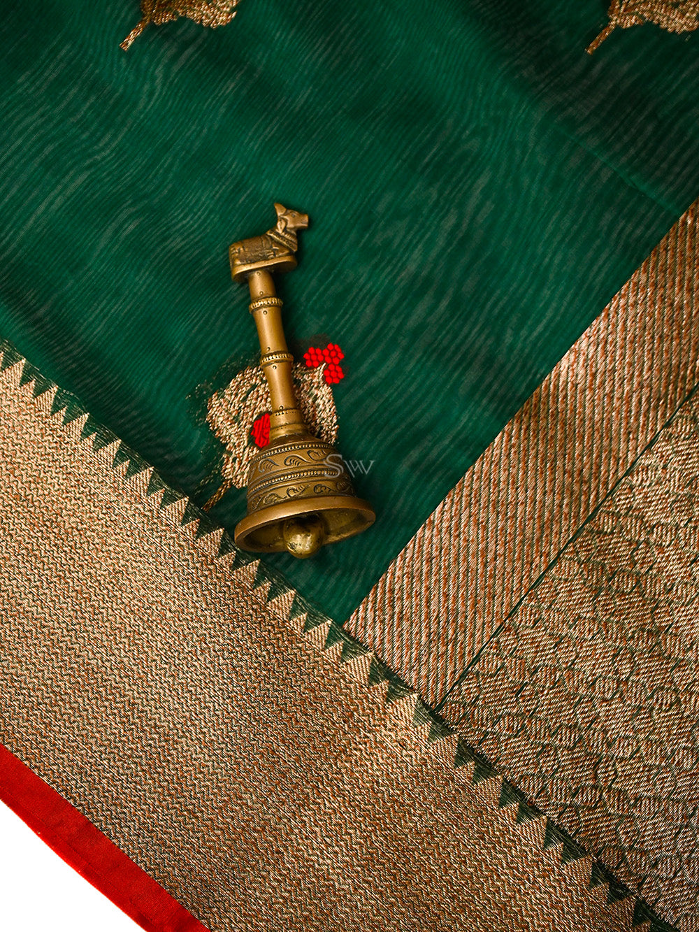 Bottle Green Booti Chanderi Silk Handloom Banarasi Saree - Sacred Weaves