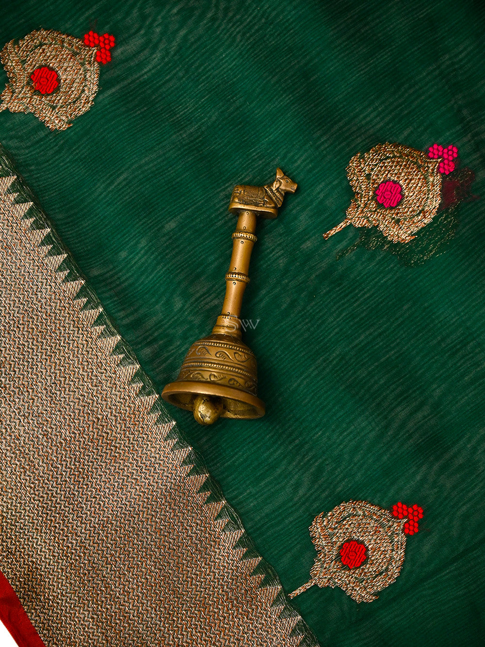 Bottle Green Booti Chanderi Silk Handloom Banarasi Saree - Sacred Weaves