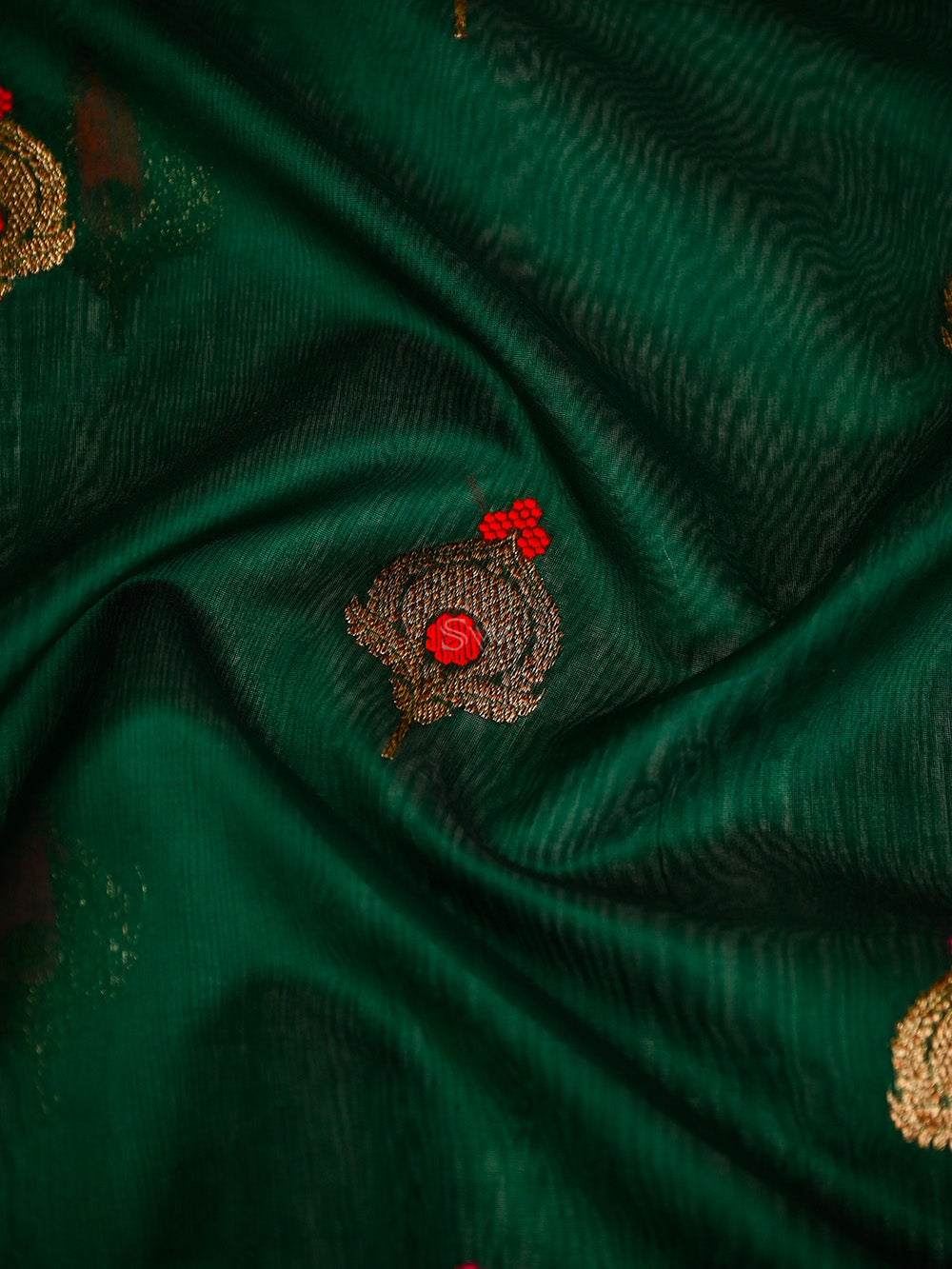 Bottle Green Booti Chanderi Silk Handloom Banarasi Saree - Sacred Weaves