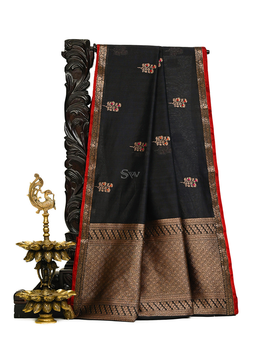 Black Booti Chanderi Silk Handloom Banarasi Saree - Sacred Weaves