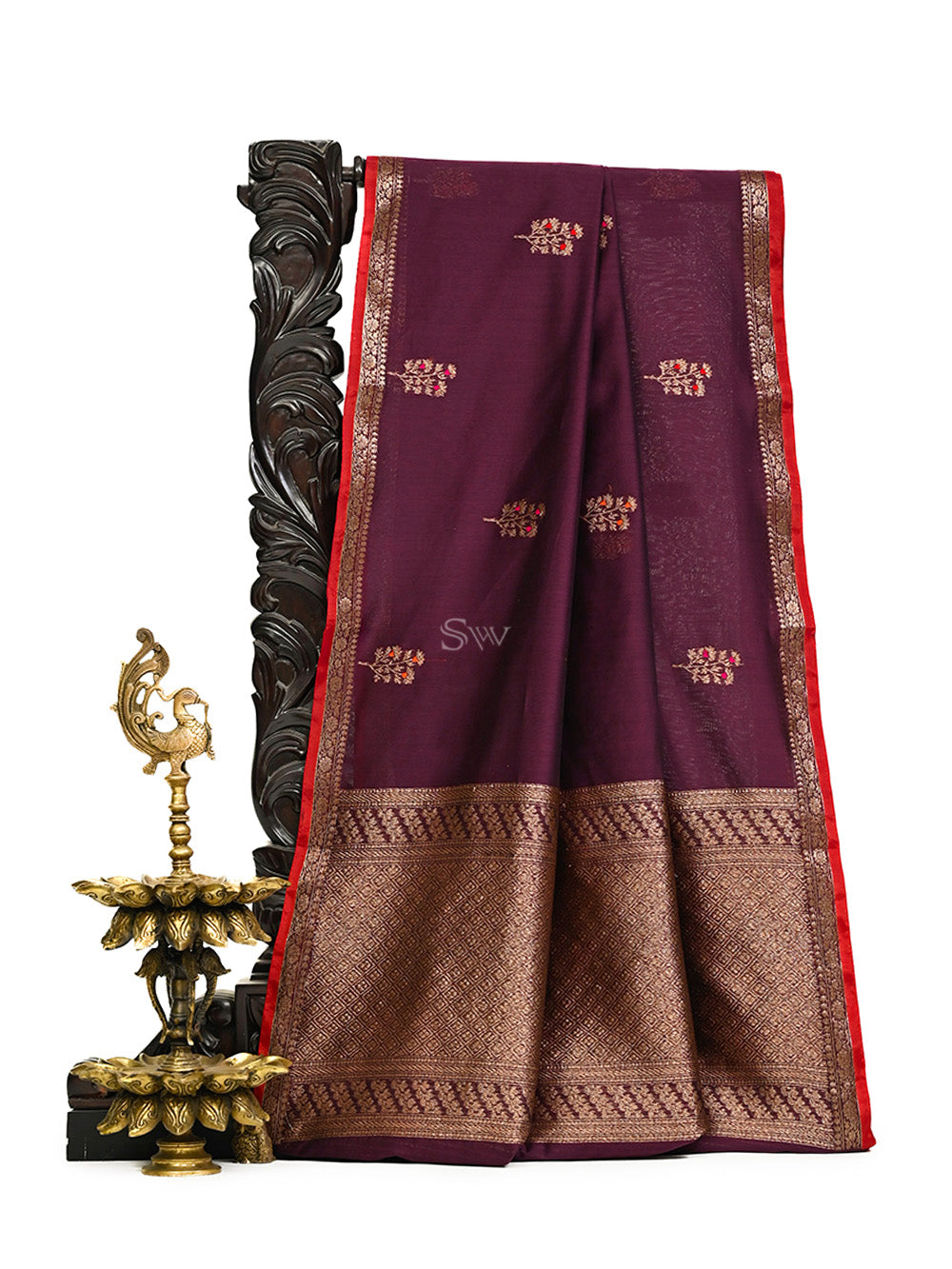 Wine Booti Chanderi Silk Handloom Banarasi Saree - Sacred Weaves