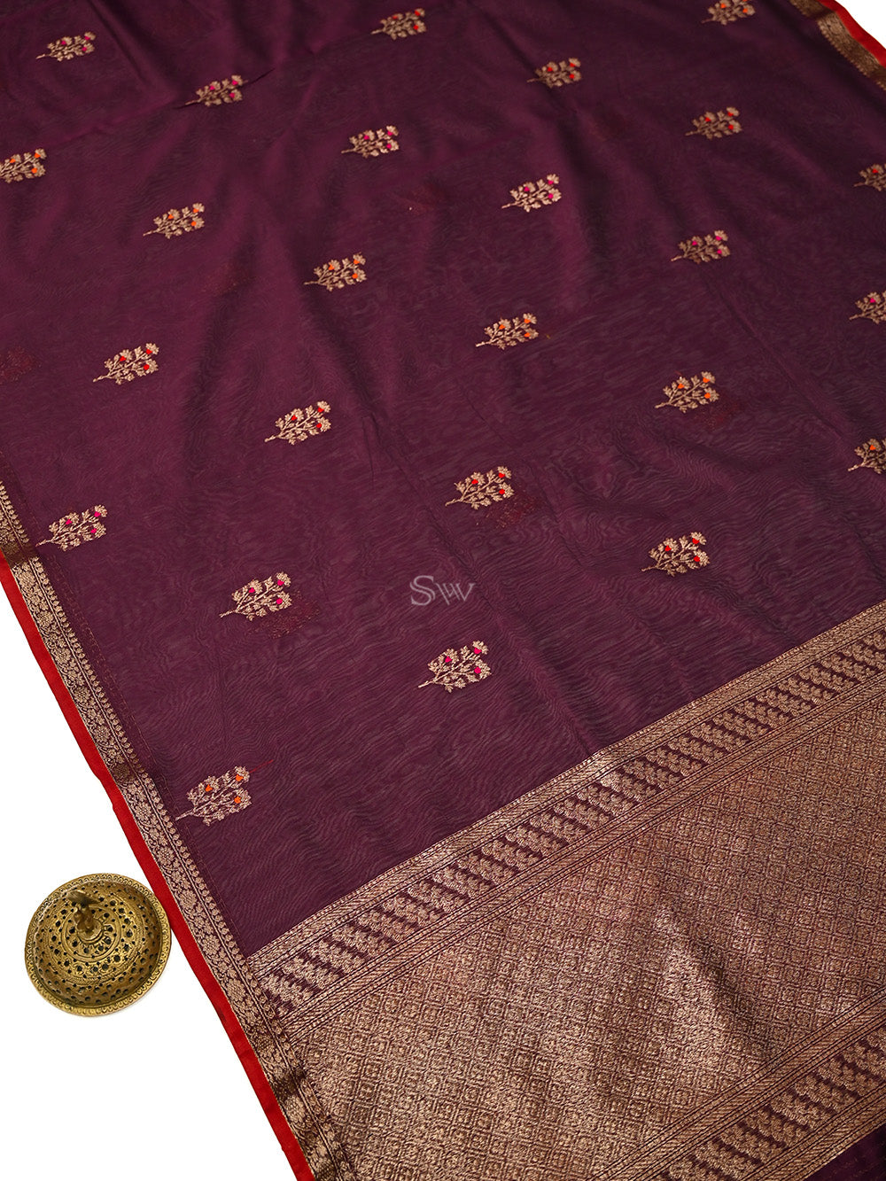 Wine Booti Chanderi Silk Handloom Banarasi Saree - Sacred Weaves