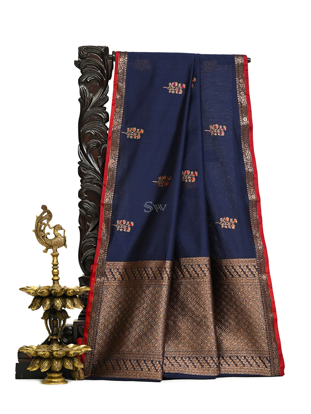 Navy Blue Booti Chanderi Silk Handloom Banarasi Saree - Sacred Weaves