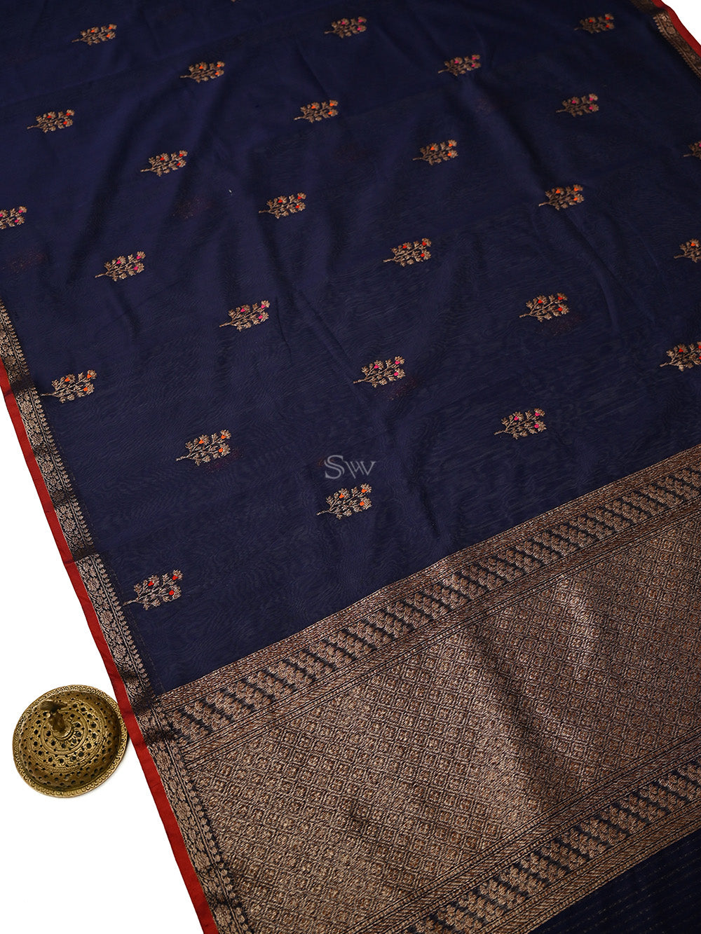 Navy Blue Booti Chanderi Silk Handloom Banarasi Saree - Sacred Weaves