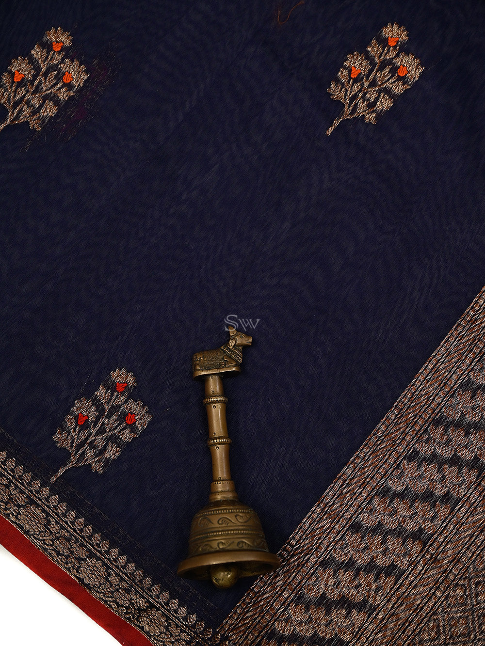 Navy Blue Booti Chanderi Silk Handloom Banarasi Saree - Sacred Weaves