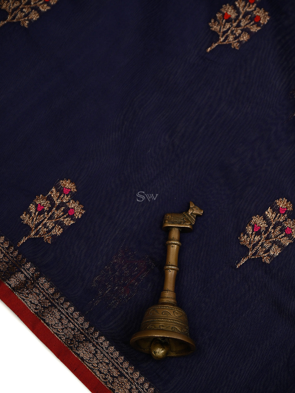 Navy Blue Booti Chanderi Silk Handloom Banarasi Saree - Sacred Weaves