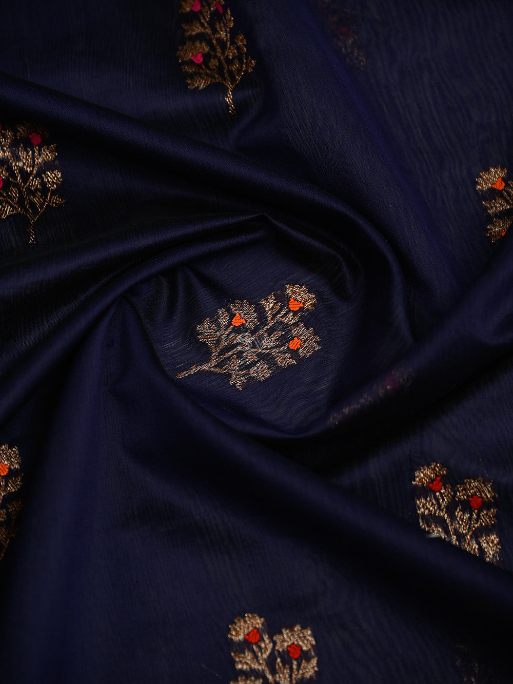 Navy Blue Booti Chanderi Silk Handloom Banarasi Saree - Sacred Weaves