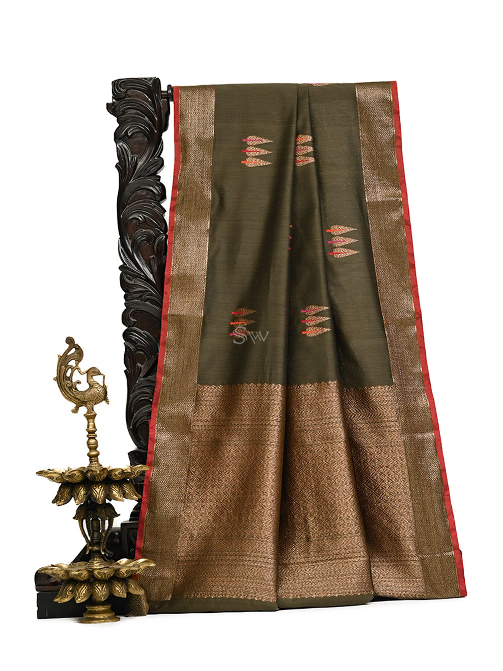 Dark Olive Green Booti Chanderi Silk Handloom Banarasi Saree - Sacred Weaves