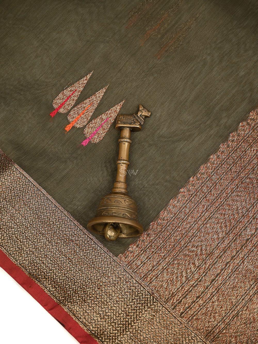 Dark Olive Green Booti Chanderi Silk Handloom Banarasi Saree - Sacred Weaves