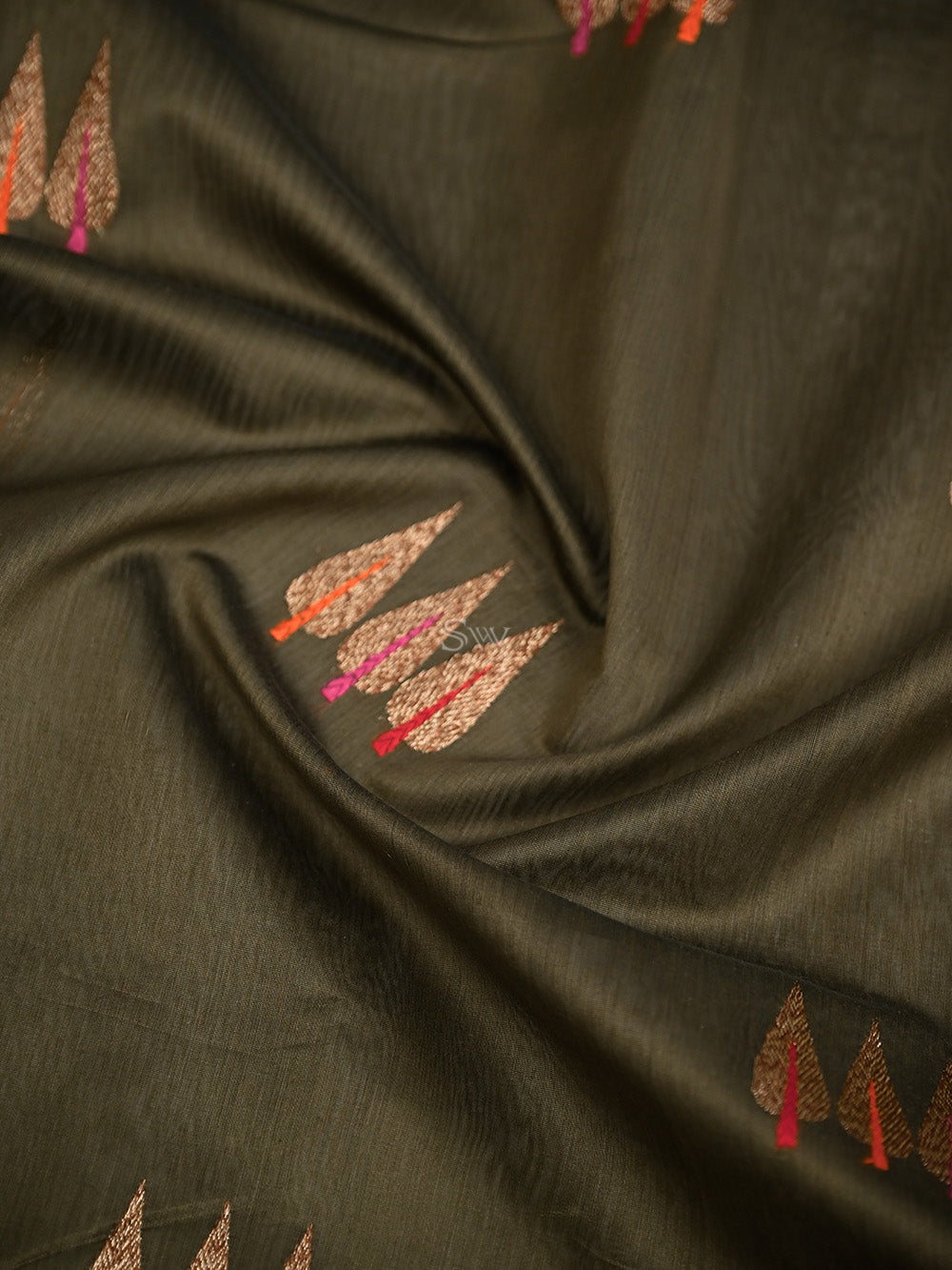 Dark Olive Green Booti Chanderi Silk Handloom Banarasi Saree - Sacred Weaves