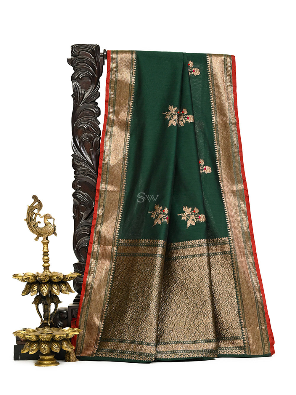 Bottle Green Booti Chanderi Silk Handloom Banarasi Saree - Sacred Weaves