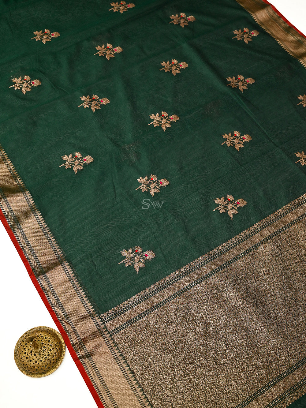 Bottle Green Booti Chanderi Silk Handloom Banarasi Saree - Sacred Weaves