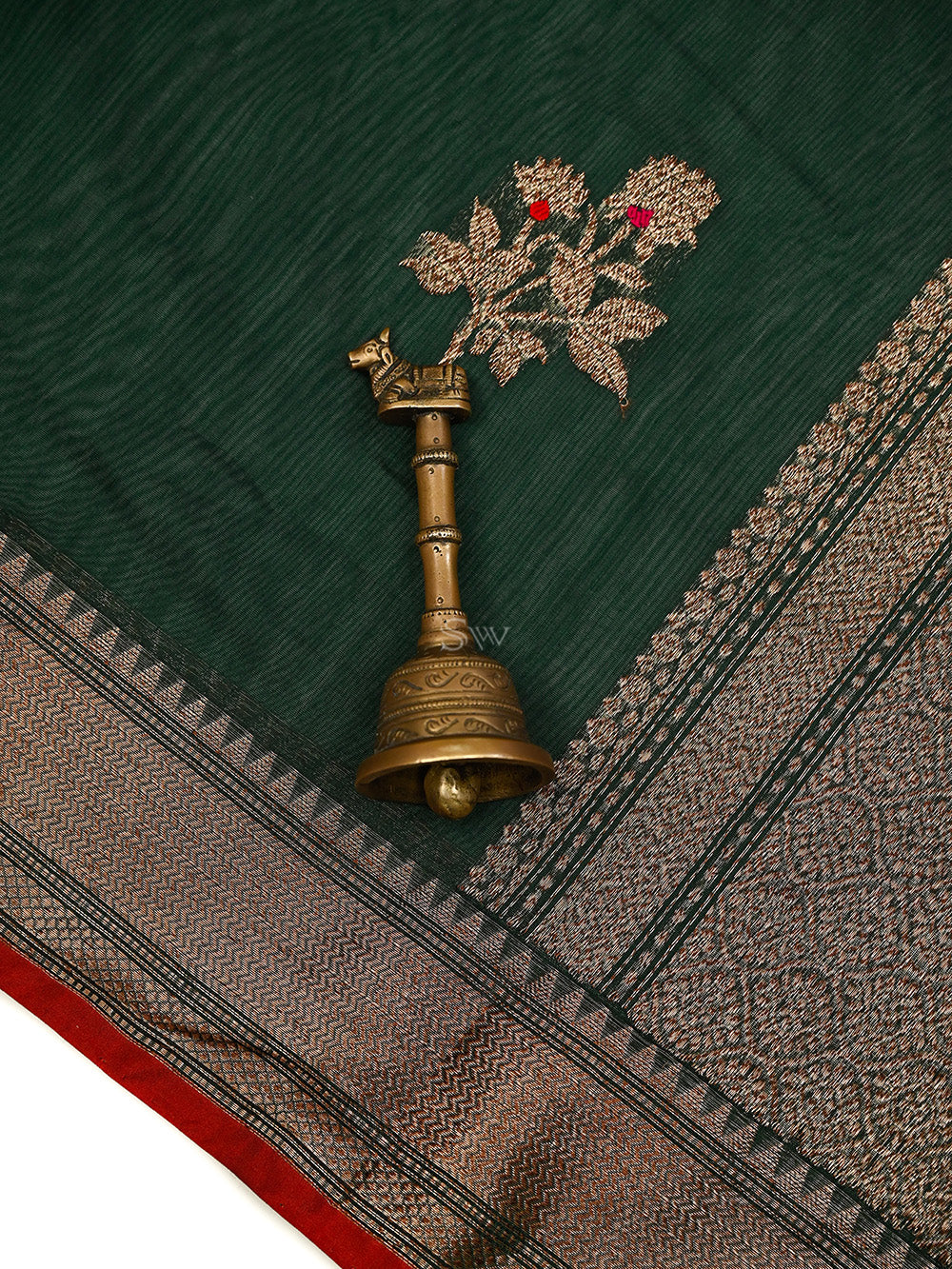 Bottle Green Booti Chanderi Silk Handloom Banarasi Saree - Sacred Weaves