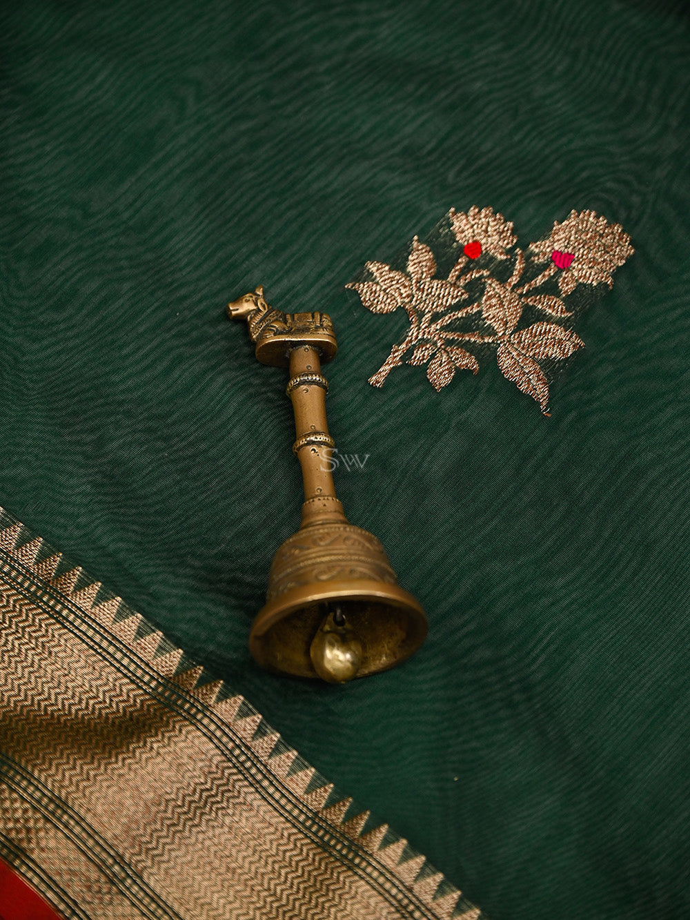 Bottle Green Booti Chanderi Silk Handloom Banarasi Saree - Sacred Weaves