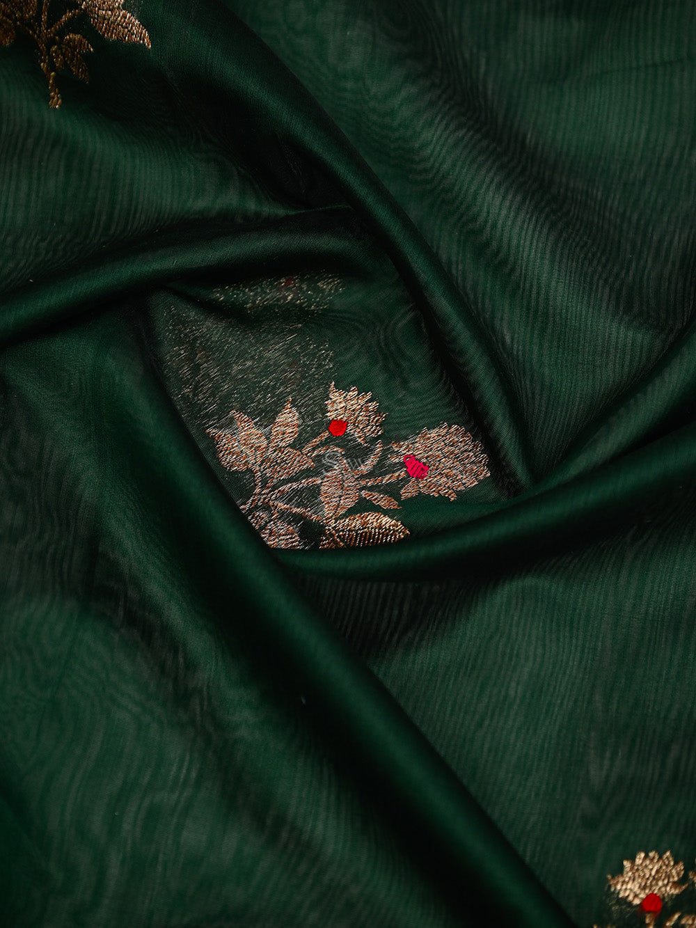 Bottle Green Booti Chanderi Silk Handloom Banarasi Saree - Sacred Weaves