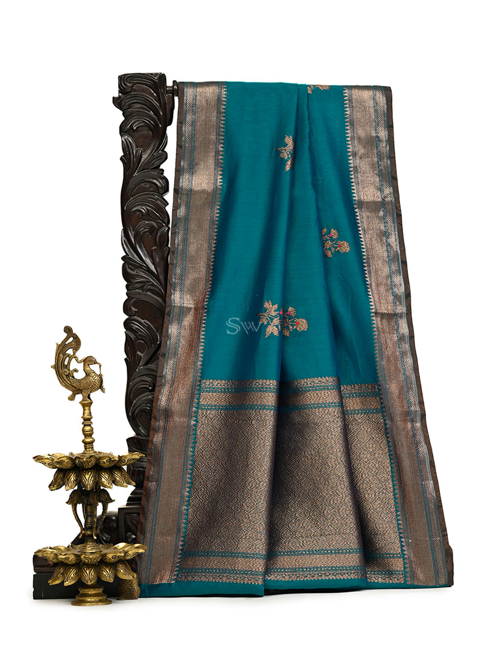 Green Blue Booti Chanderi Silk Handloom Banarasi Saree - Sacred Weaves
