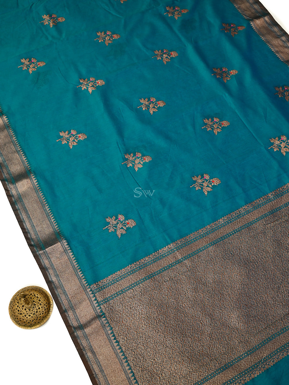 Green Blue Booti Chanderi Silk Handloom Banarasi Saree - Sacred Weaves
