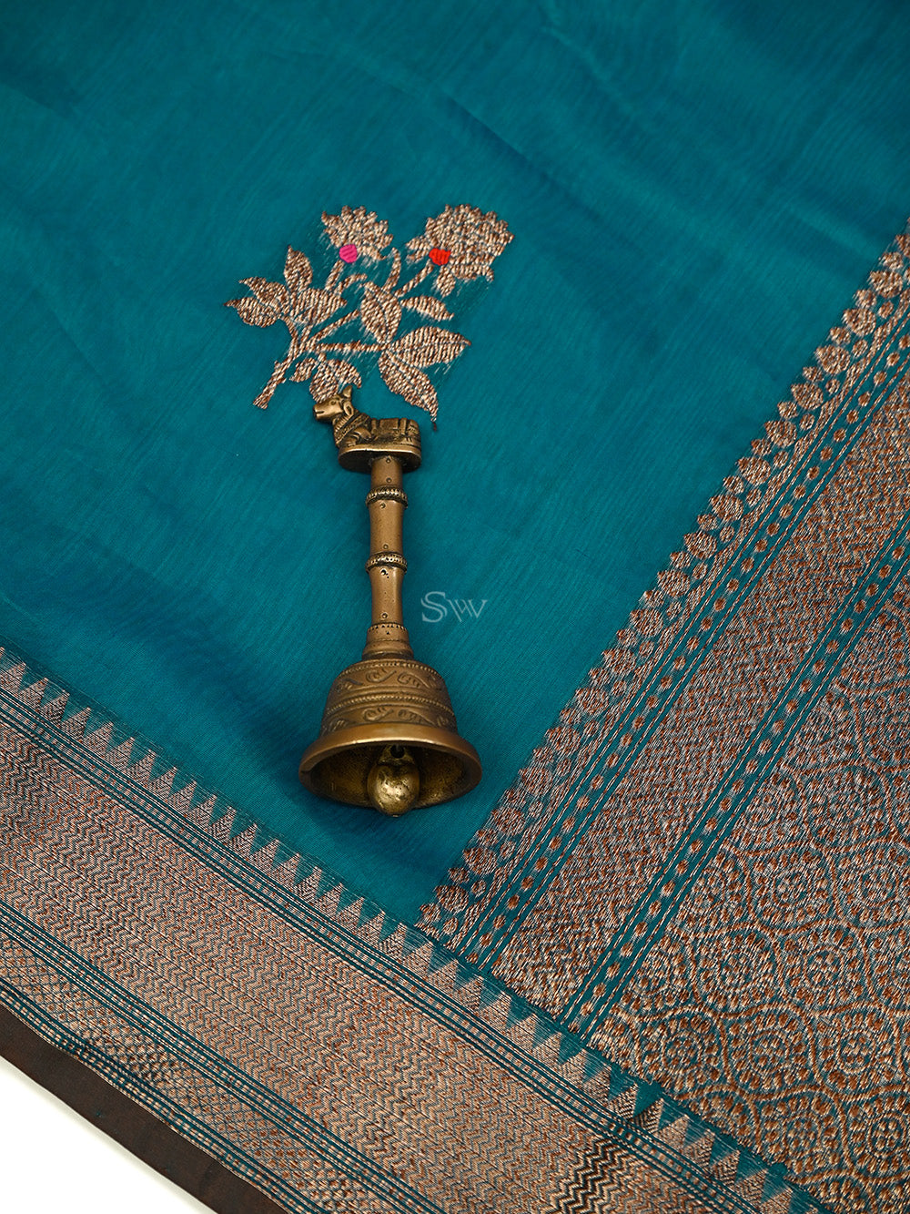 Green Blue Booti Chanderi Silk Handloom Banarasi Saree - Sacred Weaves