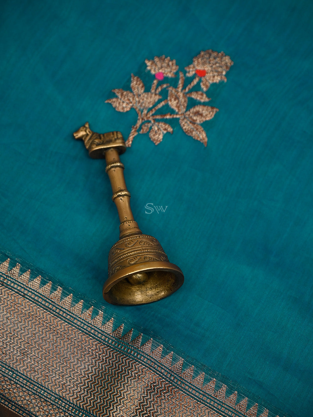 Green Blue Booti Chanderi Silk Handloom Banarasi Saree - Sacred Weaves