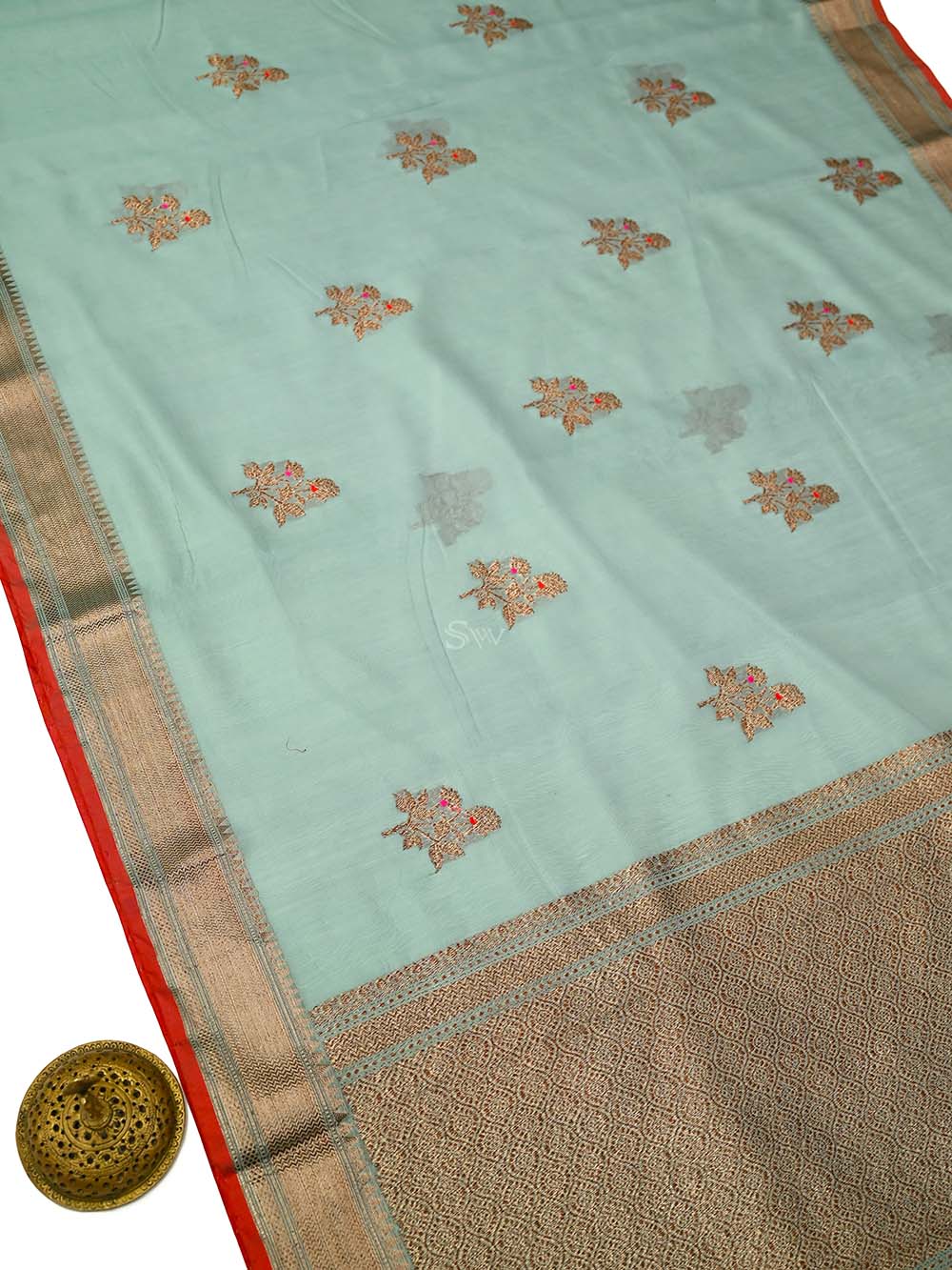Mint Green Booti Chanderi Silk Handloom Banarasi Saree - Sacred Weaves