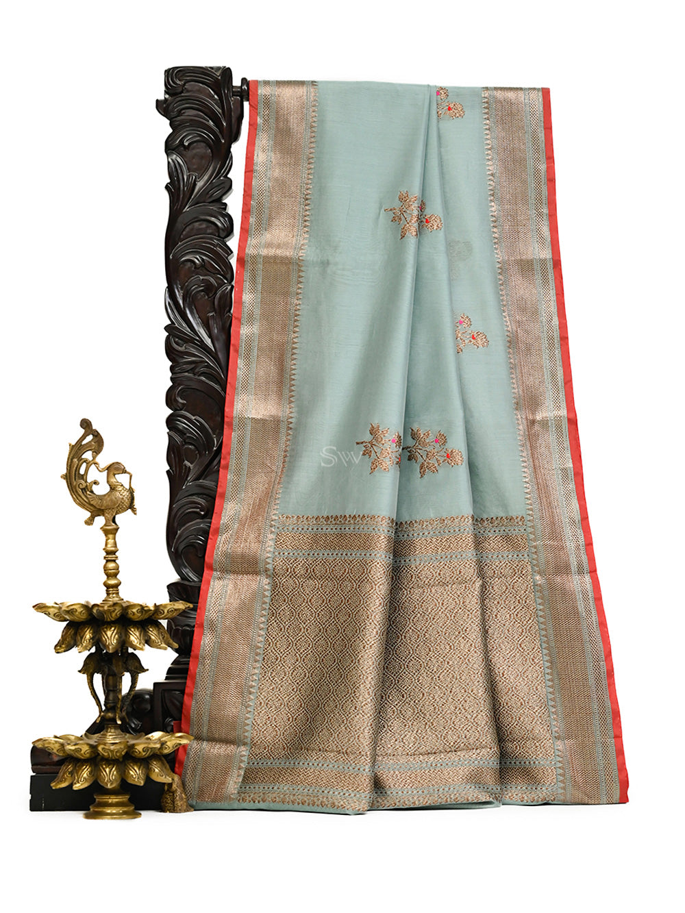 Mint Green Booti Chanderi Silk Handloom Banarasi Saree - Sacred Weaves