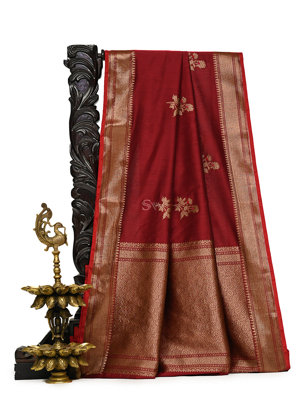 Dark Maroon Booti Chanderi Silk Handloom Banarasi Saree - Sacred Weaves