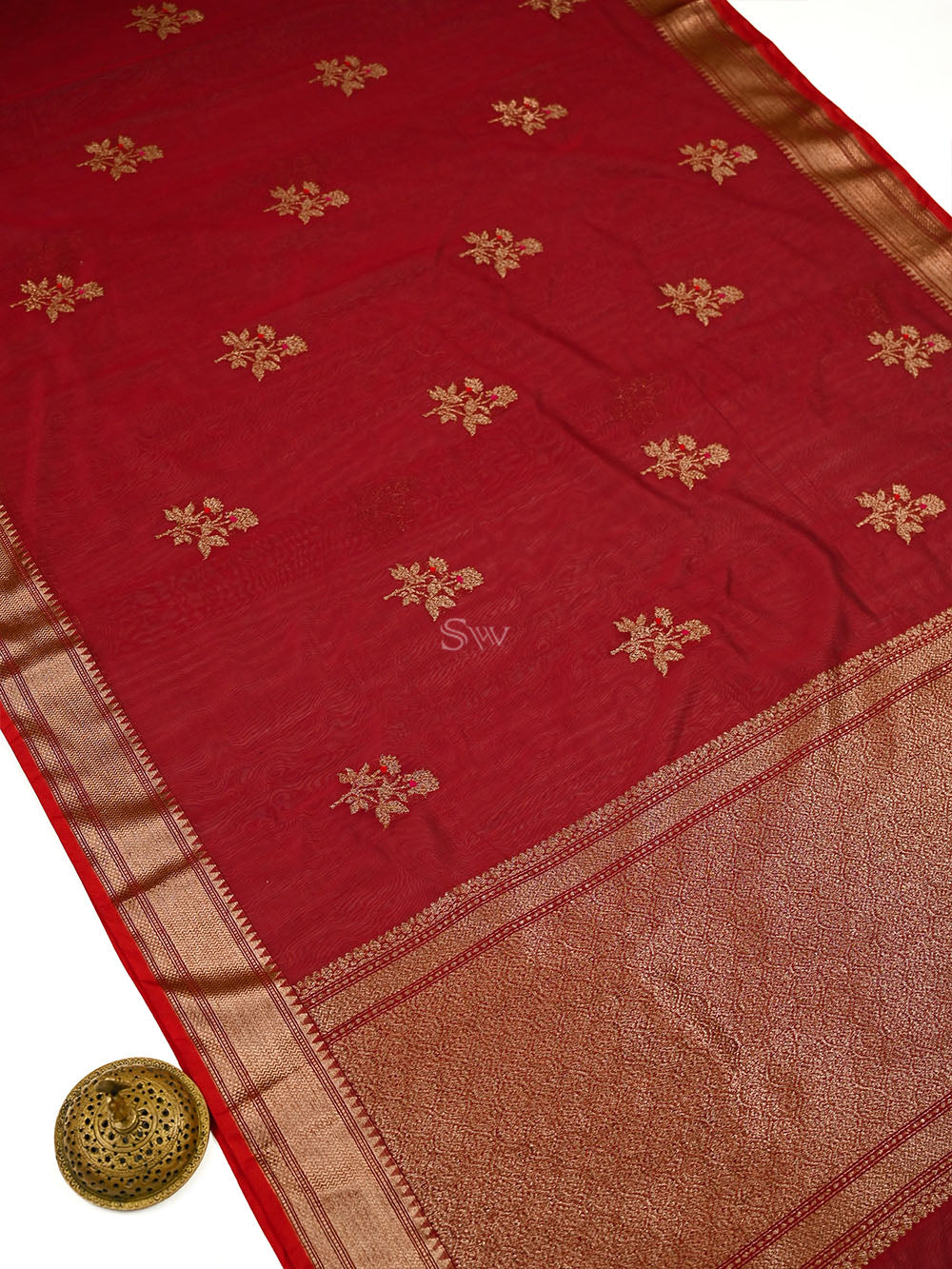 Dark Maroon Booti Chanderi Silk Handloom Banarasi Saree - Sacred Weaves