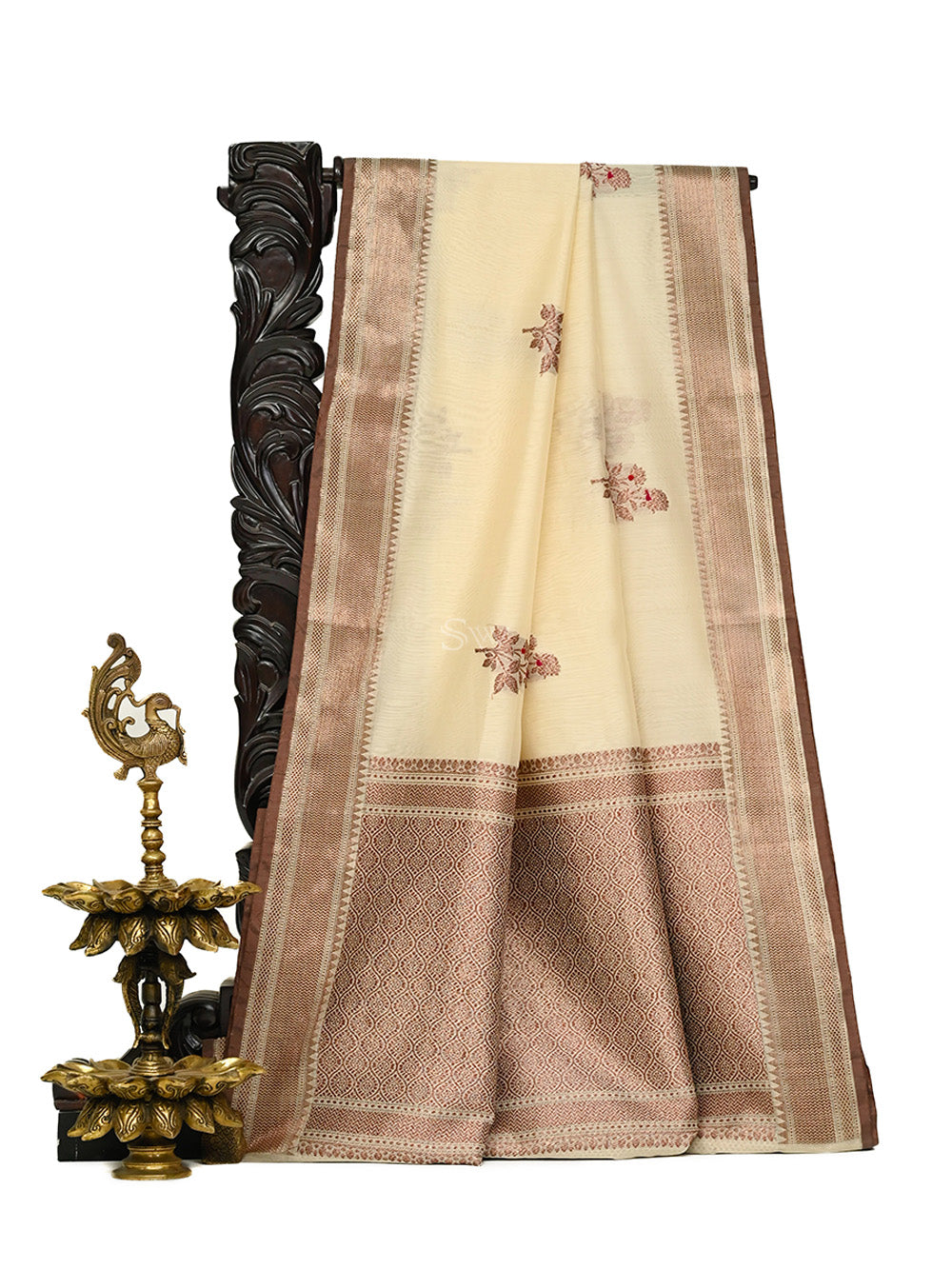 Cream Booti Chanderi Silk Handloom Banarasi Saree - Sacred Weaves
