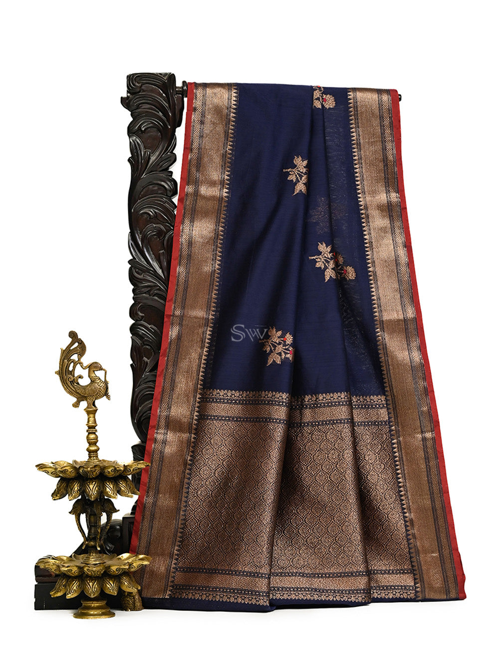 Navy Blue Booti Chanderi Silk Handloom Banarasi Saree - Sacred Weaves