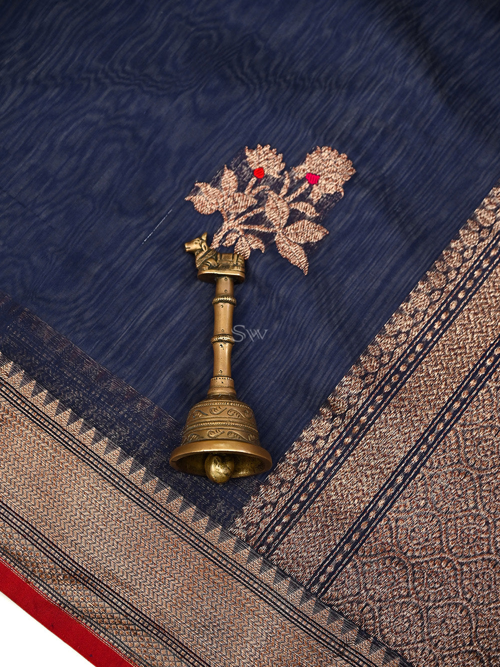 Navy Blue Booti Chanderi Silk Handloom Banarasi Saree - Sacred Weaves