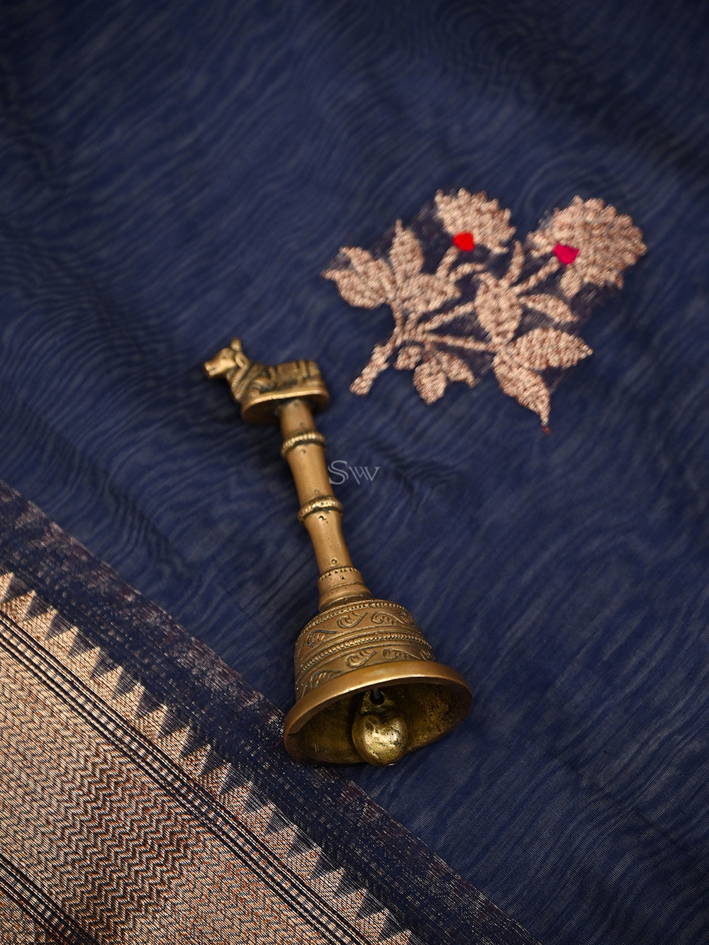 Navy Blue Booti Chanderi Silk Handloom Banarasi Saree - Sacred Weaves