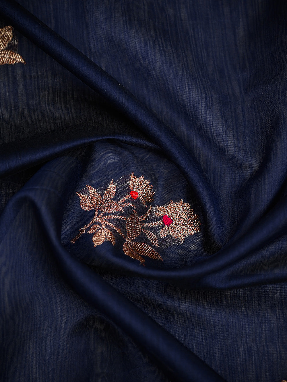 Navy Blue Booti Chanderi Silk Handloom Banarasi Saree - Sacred Weaves