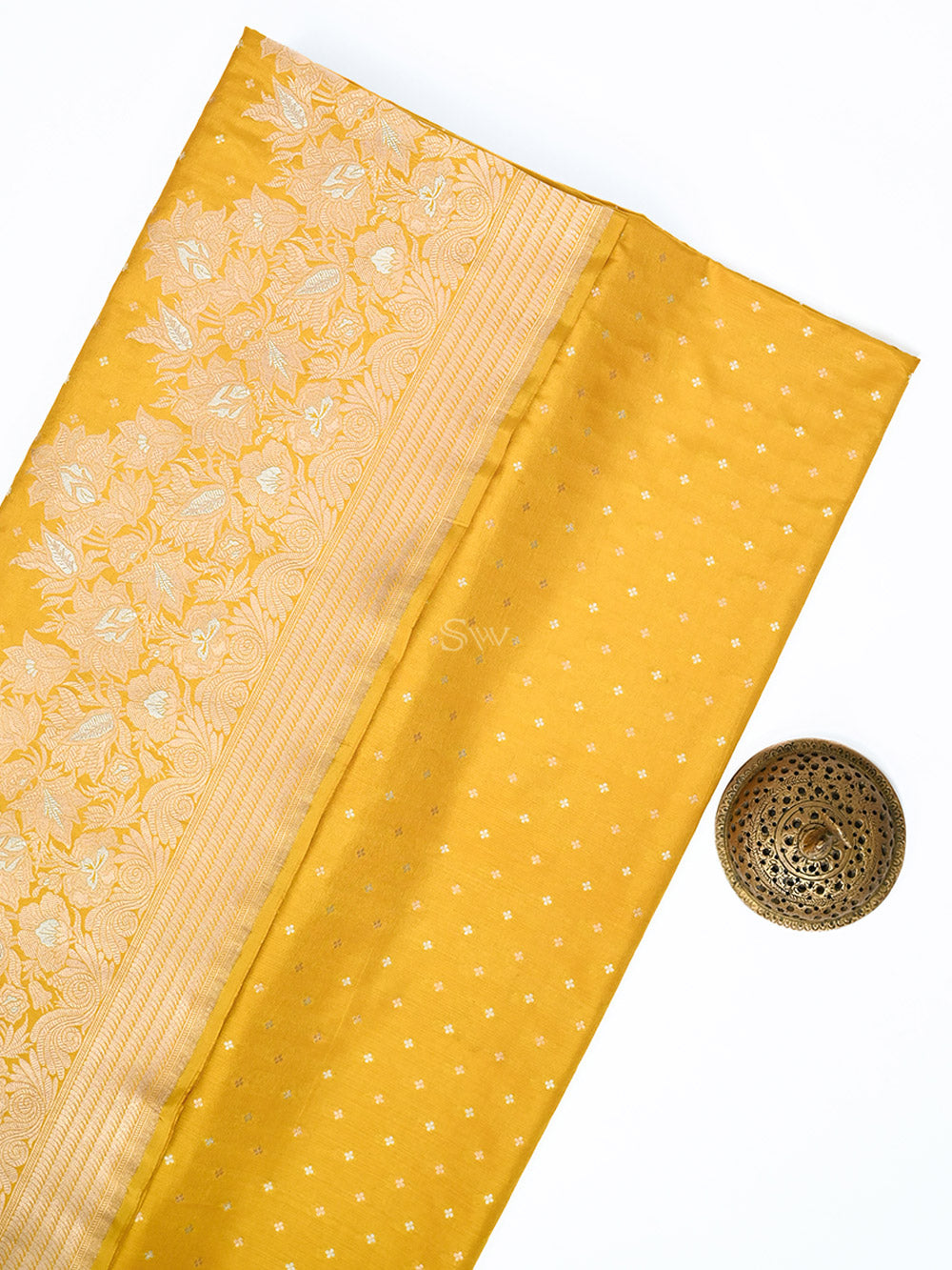 Yellow Booti Katan Silk Handloom Banarasi Saree - Sacred Weaves