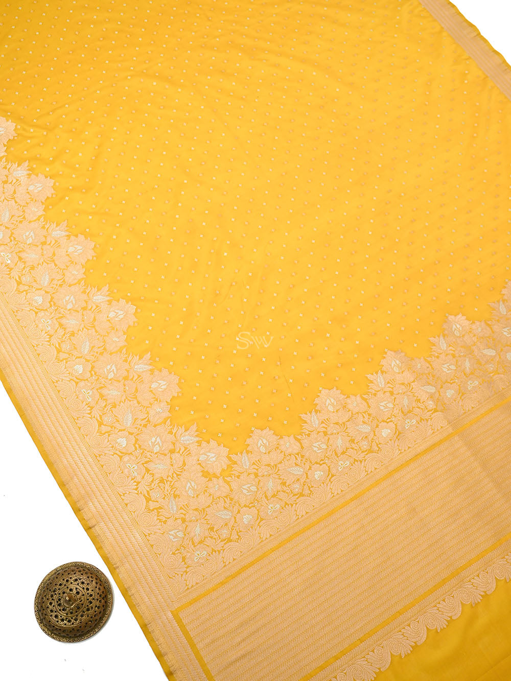 Yellow Booti Katan Silk Handloom Banarasi Saree - Sacred Weaves
