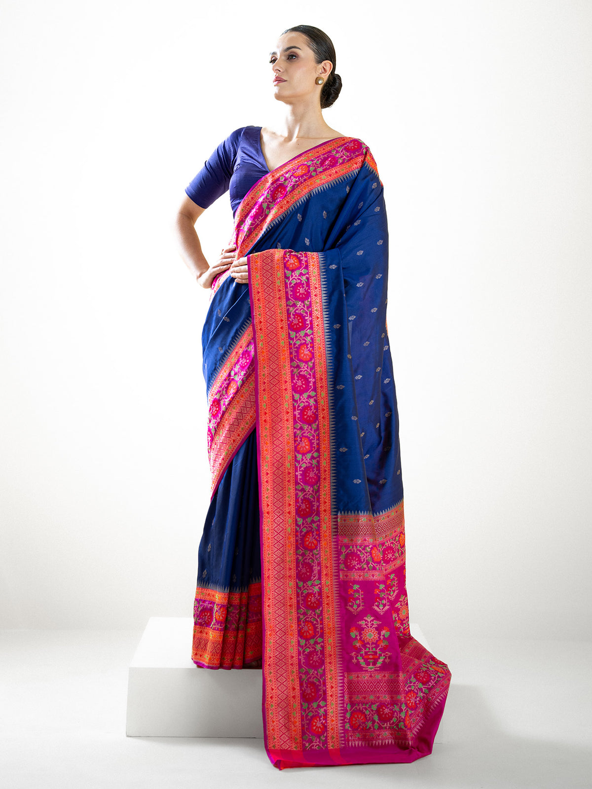 Blue Booti Katan Silk Handloom Banarasi Saree - Sacred Weaves