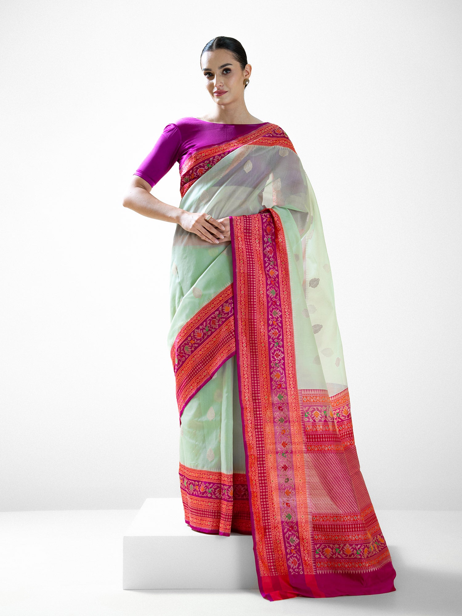 Aqua Green Boota Organza Handloom Banarasi Saree - Sacred Weaves
