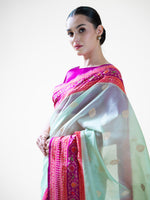 Aqua Green Boota Organza Handloom Banarasi Saree - Sacred Weaves