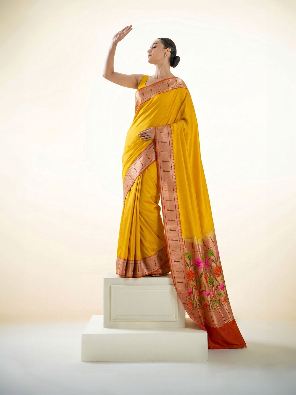 Yellow Plain Paithani Katan Silk Handloom Banarasi Saree - Sacred Weaves