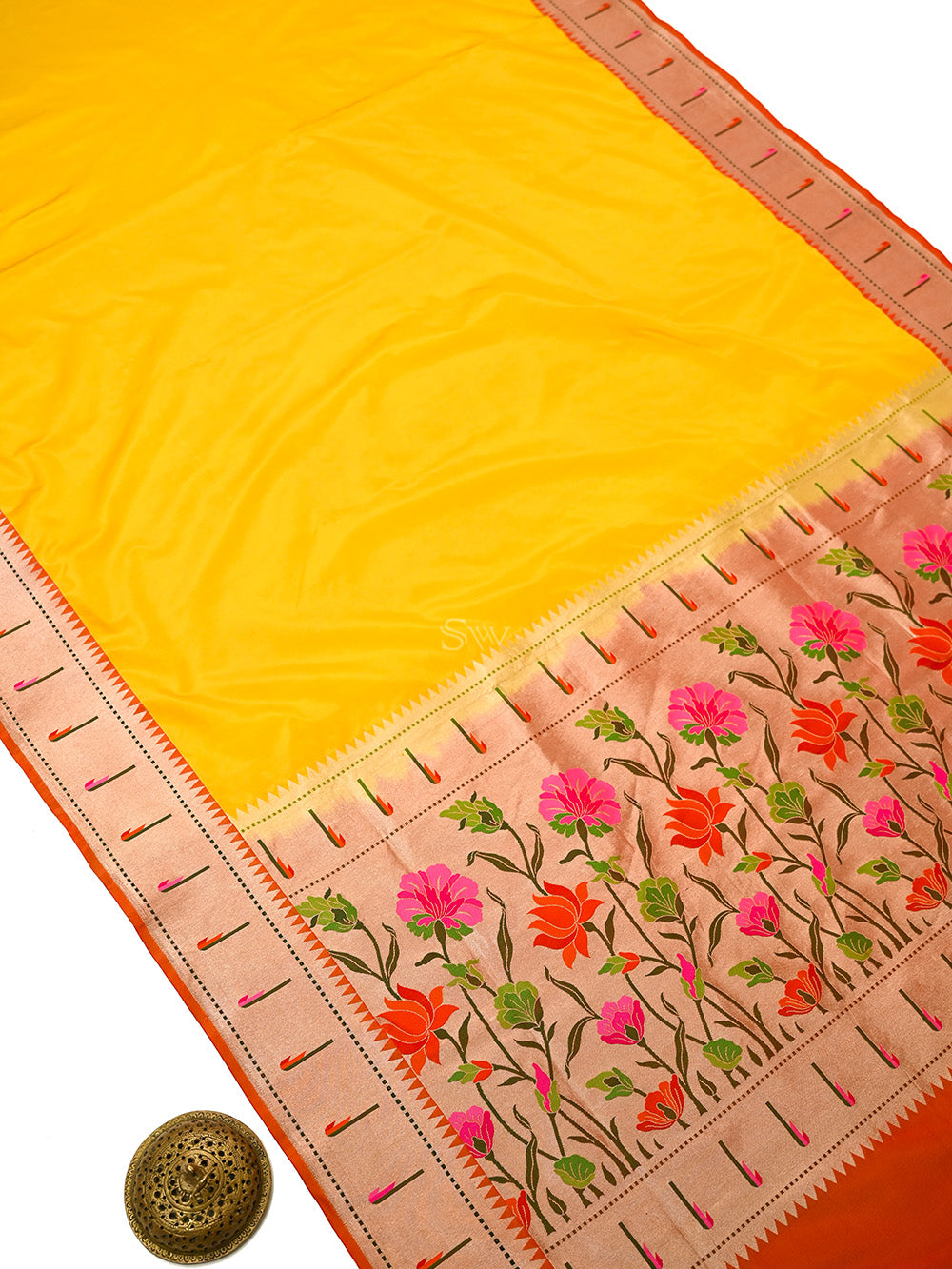 Yellow Plain Paithani Katan Silk Handloom Banarasi Saree - Sacred Weaves