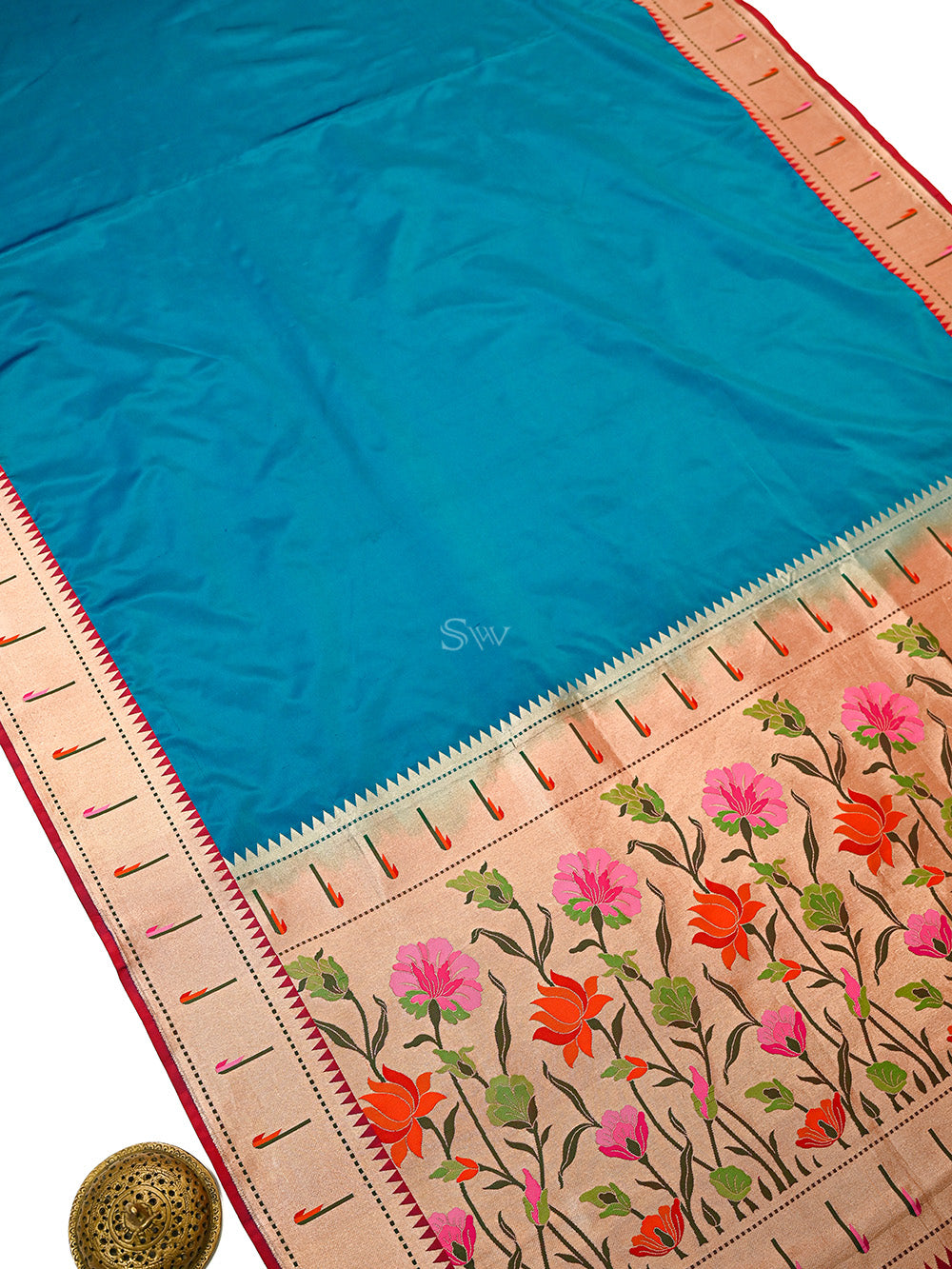 Peacock Green Plain Paithani Katan Silk Handloom Banarasi Saree - Sacred Weaves