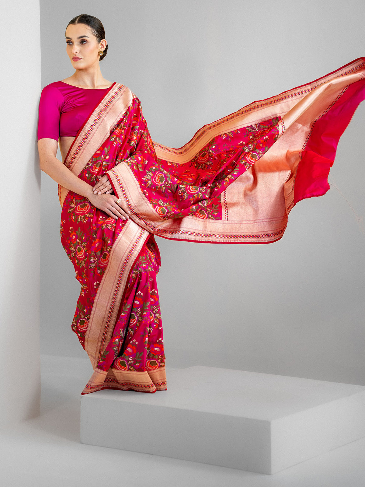Pink Red Meenakari Katan Silk Handloom Banarasi Saree - Sacred Weaves