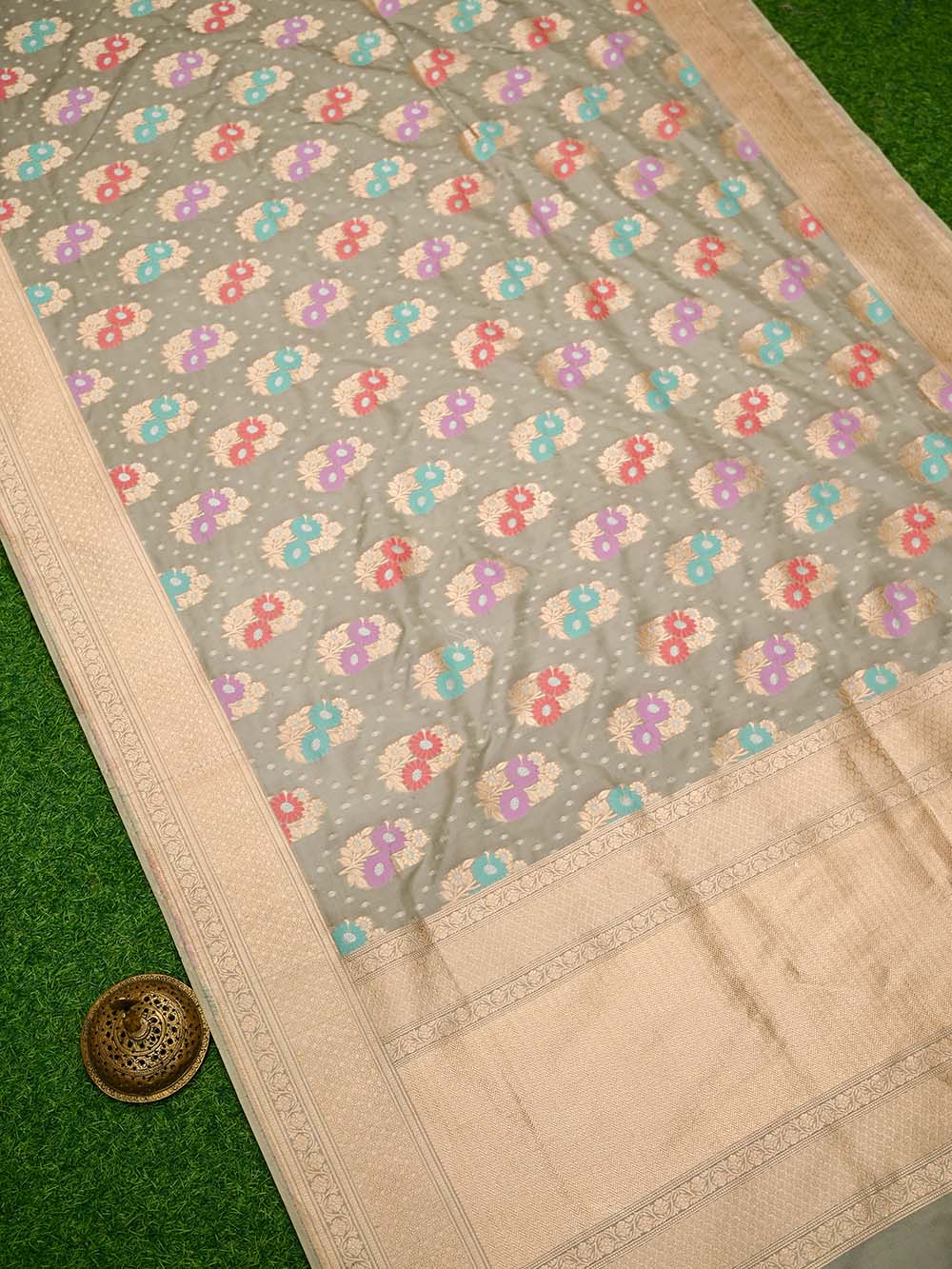 Grey Meenakari Katan Silk Handloom Banarasi Saree - Sacred Weaves