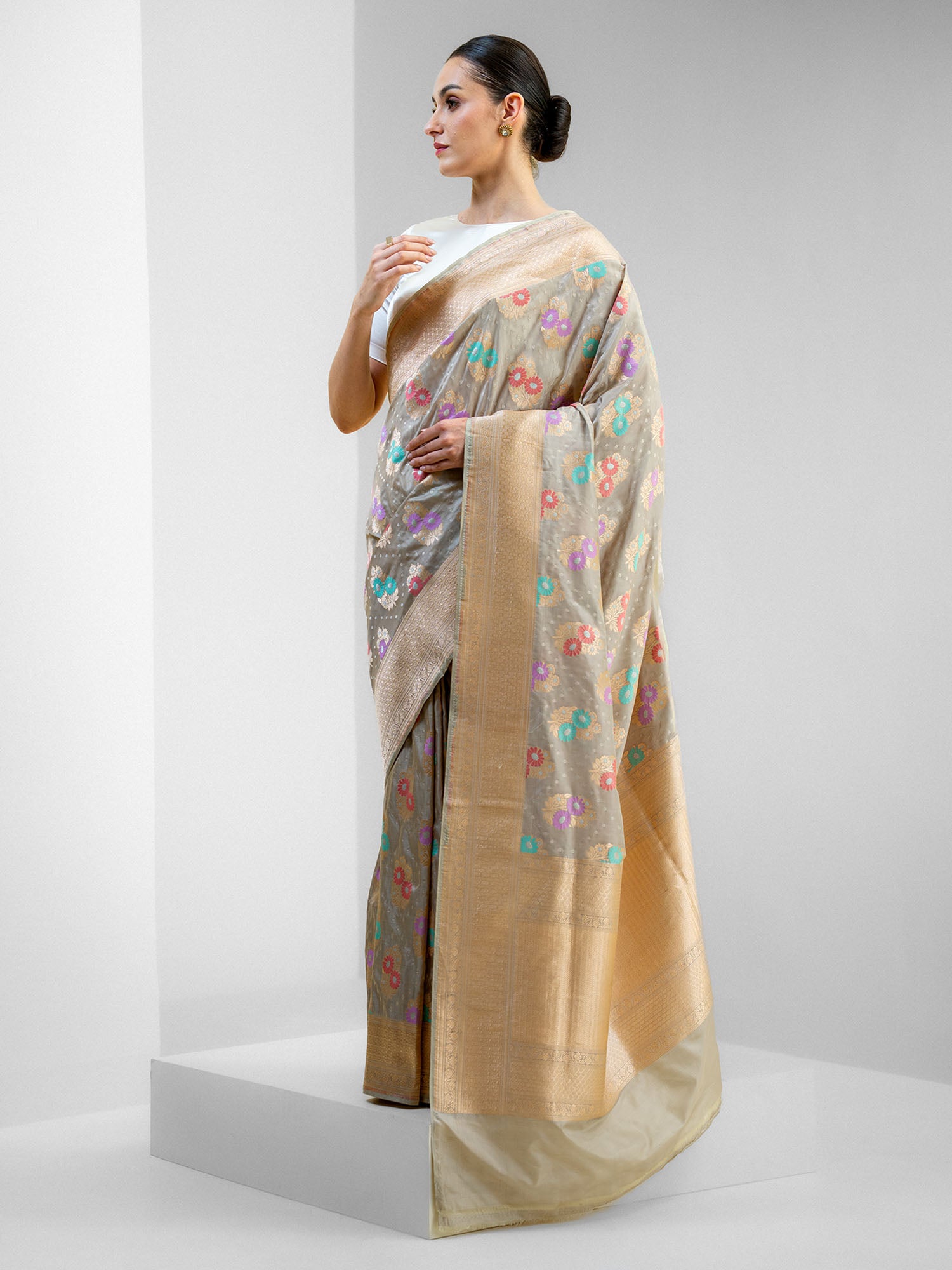 Grey Meenakari Katan Silk Handloom Banarasi Saree - Sacred Weaves