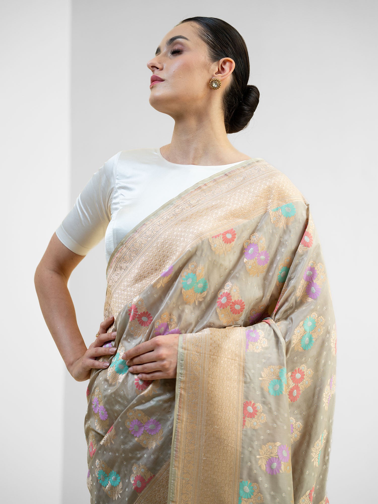 Grey Meenakari Katan Silk Handloom Banarasi Saree - Sacred Weaves