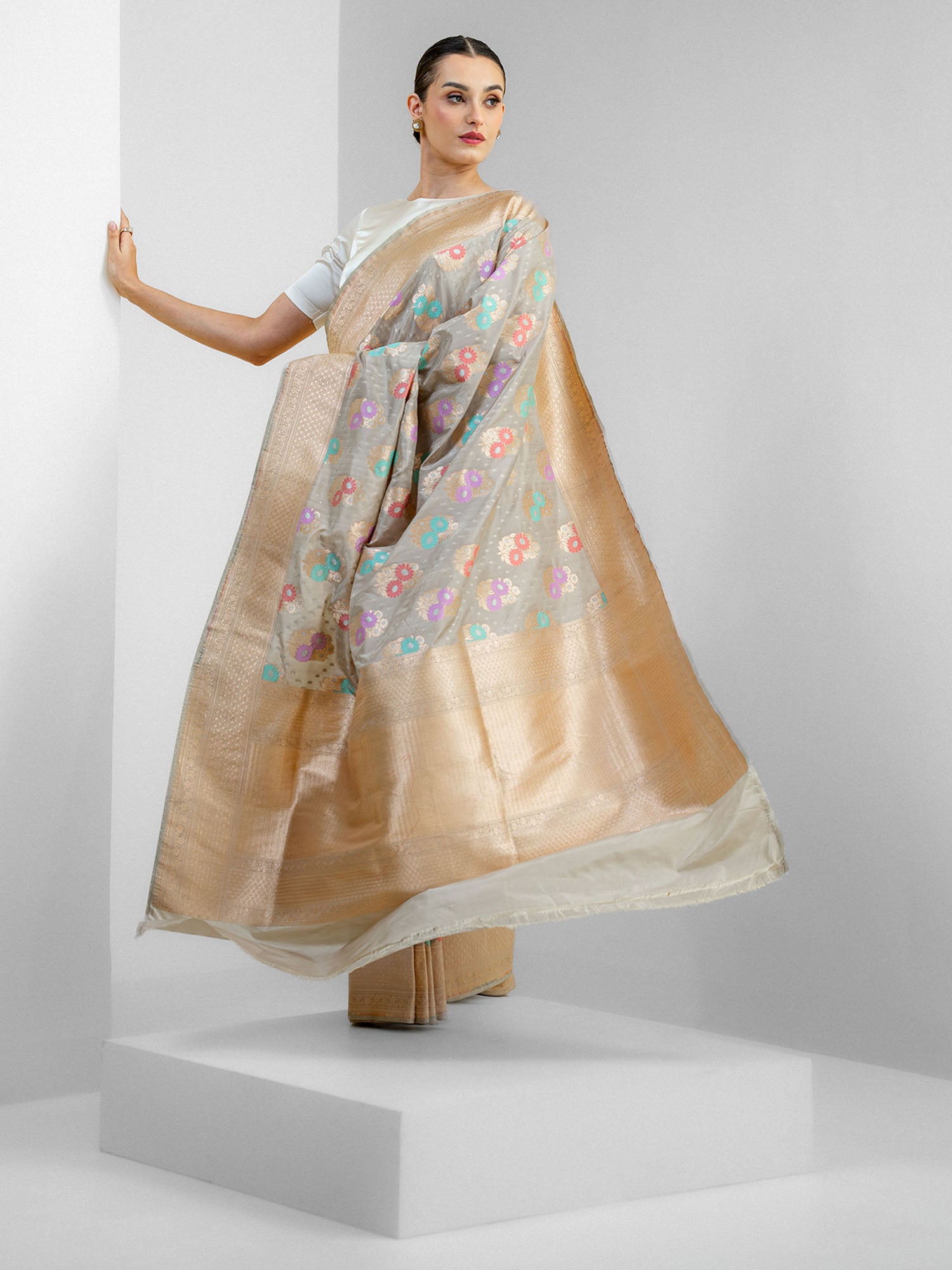 Grey Meenakari Katan Silk Handloom Banarasi Saree - Sacred Weaves