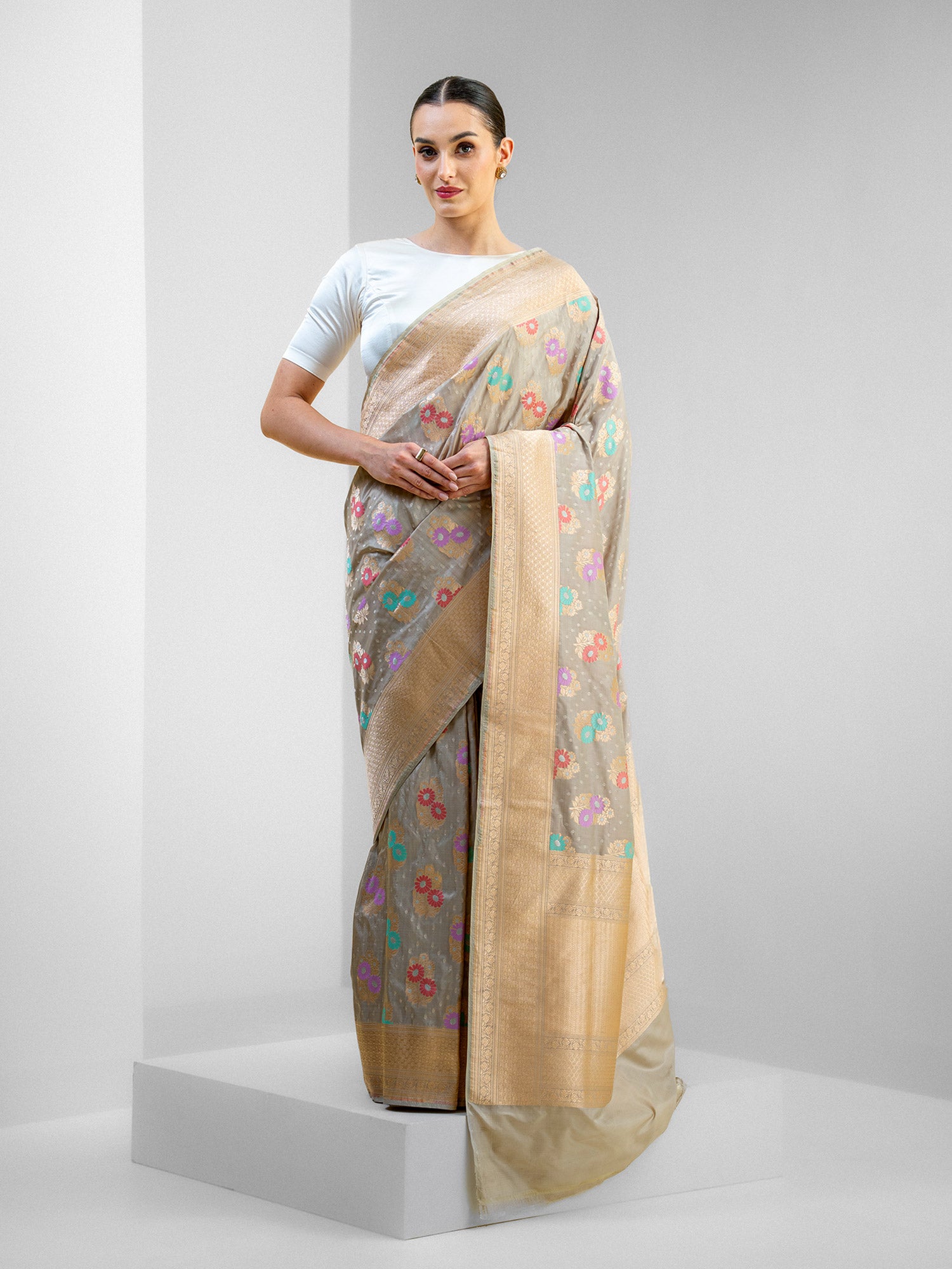 Grey Meenakari Katan Silk Handloom Banarasi Saree - Sacred Weaves